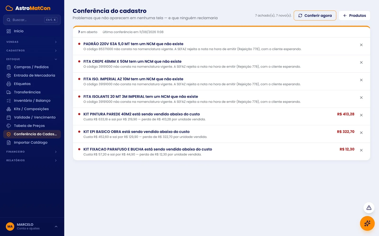 Conferência do cadastro apontando NCM inexistente e produtos vendidos abaixo do custo