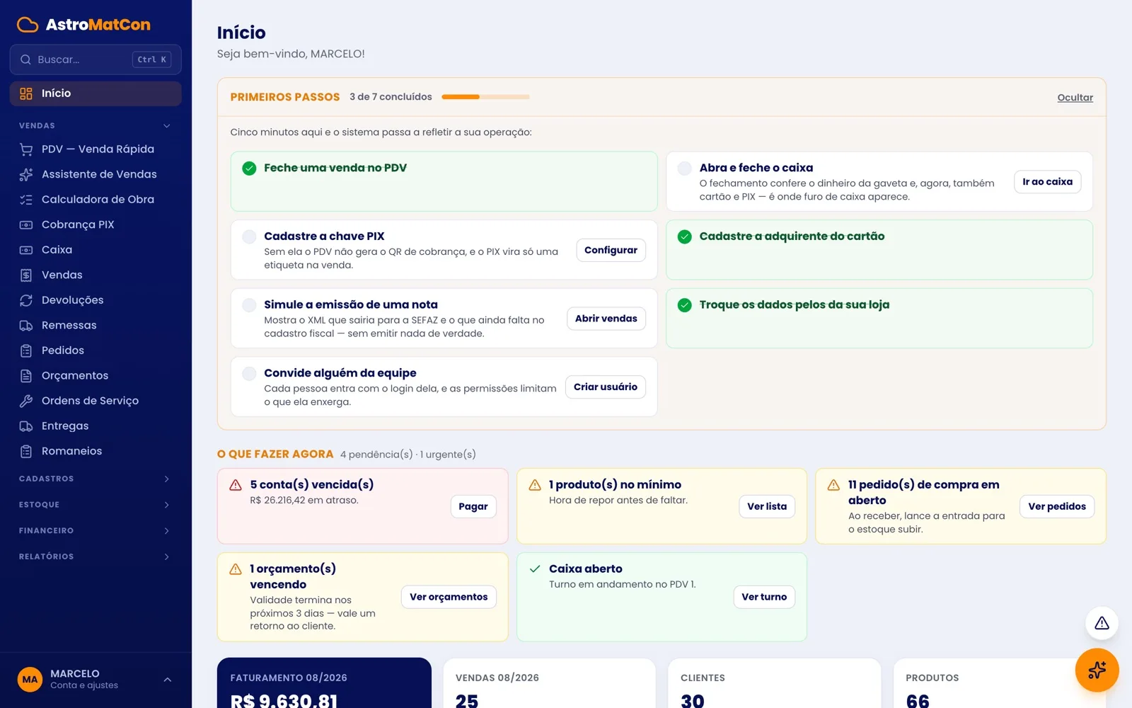 Tela inicial com primeiros passos e pendências do dia