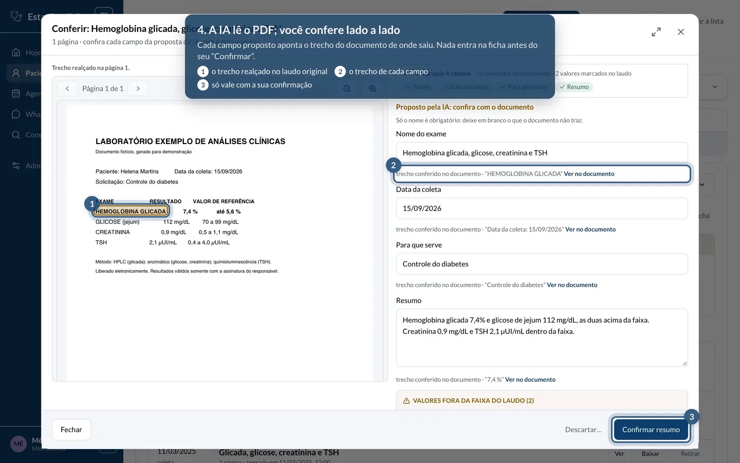 A IA lê o PDF; você confere lado a lado